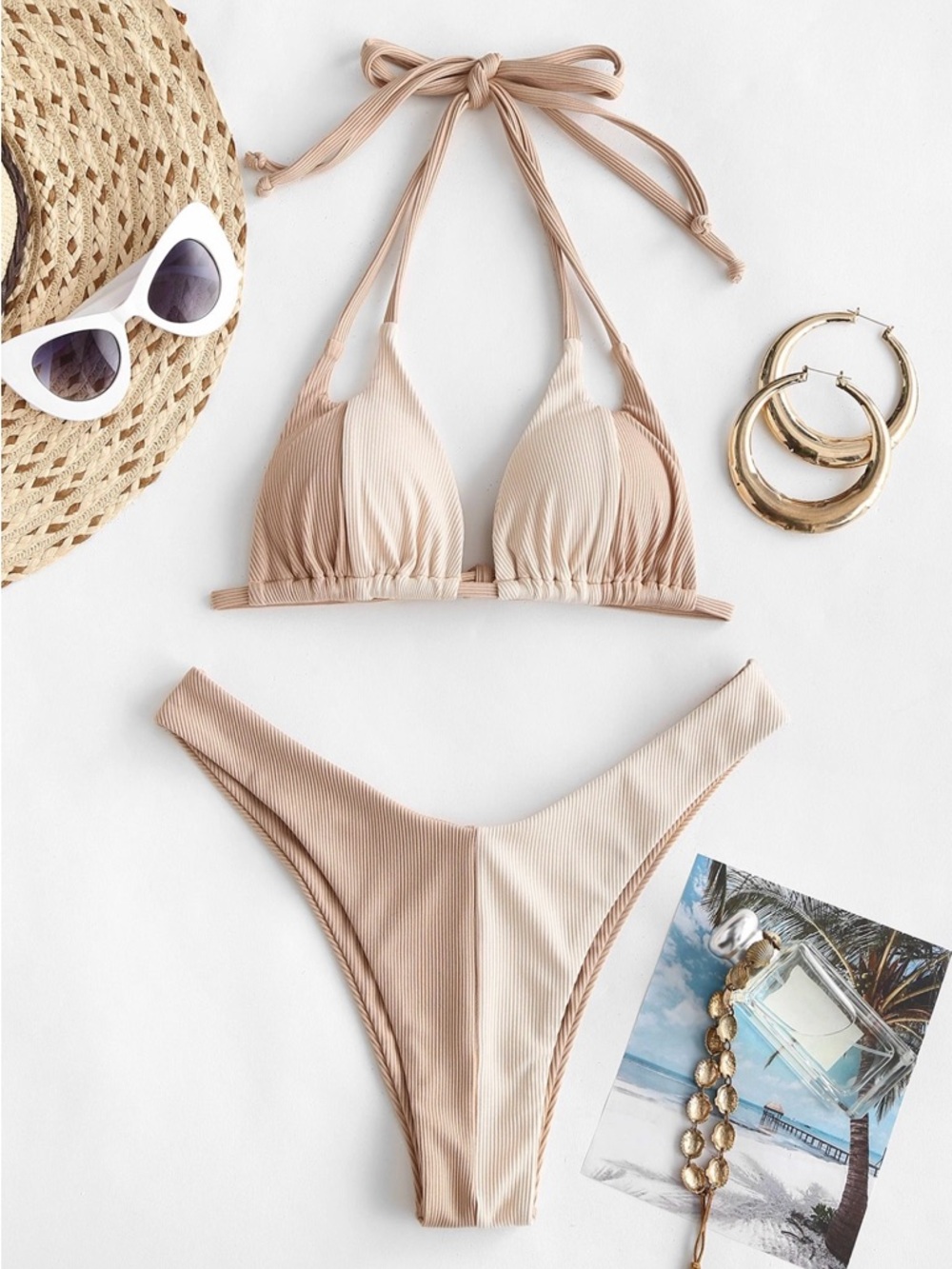 Ribbed Two Toned Halter Dual Strap Bikini